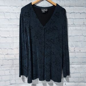 Carole Little Top XL Navy Button Up Shirt Slinky Knit Quite Luxury Old Money